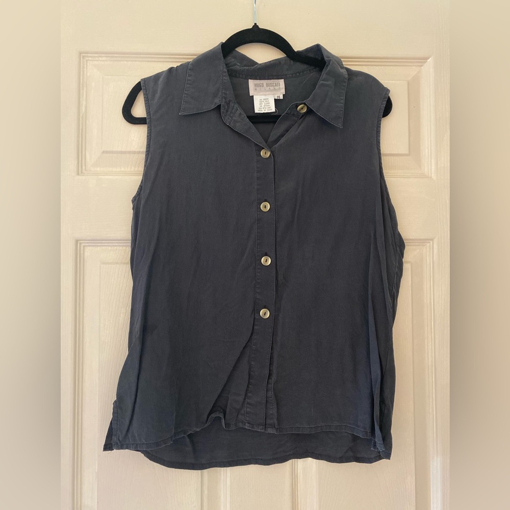 Hugo Buscati Milano 100% Silk Sleeveless Button Down Blouse Navy Women’s Sz 14
